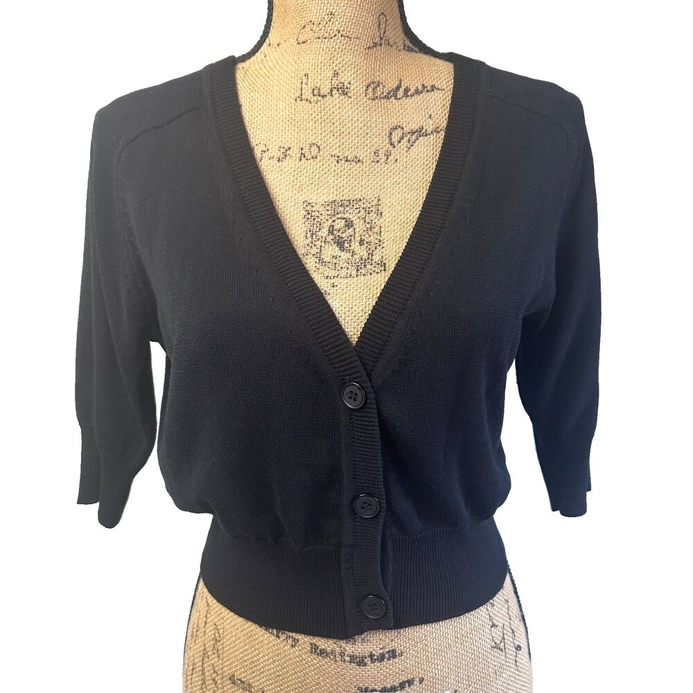 Maggy London Black Silk Cotton Cropped 3/4 Sleeve V-Neck Cardigan Sz M